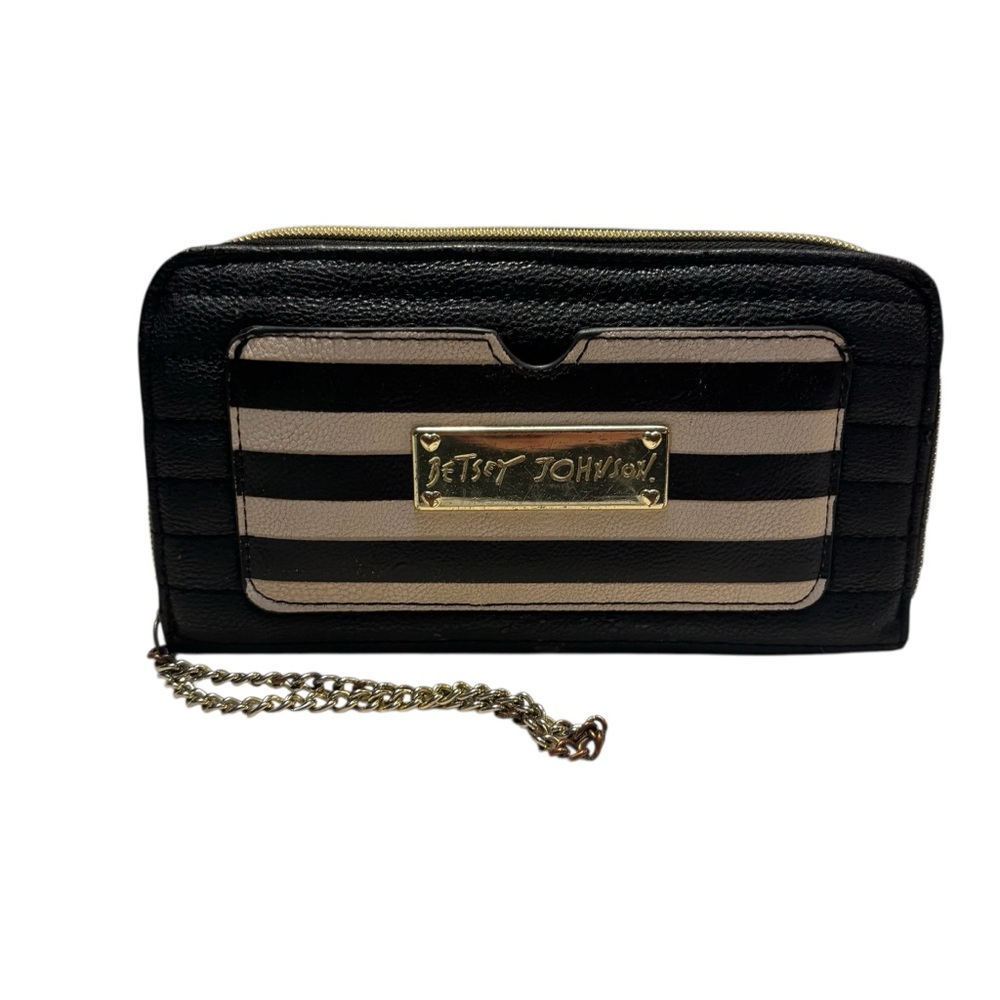 Betsey Johnson Wallet Black Cream Striped Wristlet Faux Leather Ziparound FLAWS - Picture 2 of 16